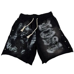 Lost Intricacy Skull Graphic Streetwear Shorts Black Studded XL New